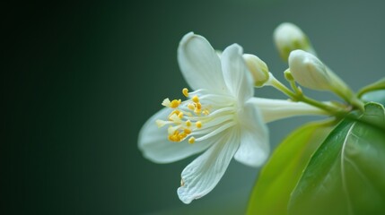  a close - up of a white flower with a green leaf in the foreground and a dark green background.