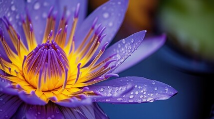  a close up of a purple water lily with drops of water on it and a green plant in the background.