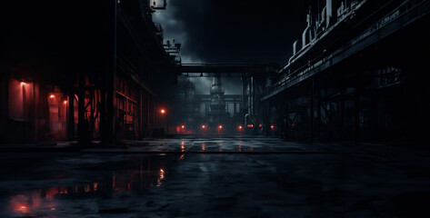 tunnel in the night, old abandoned factory, night city lights, empty dark factory