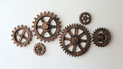A diverse composition of metallic cogwheels on a white wall, showcasing mechanical beauty.