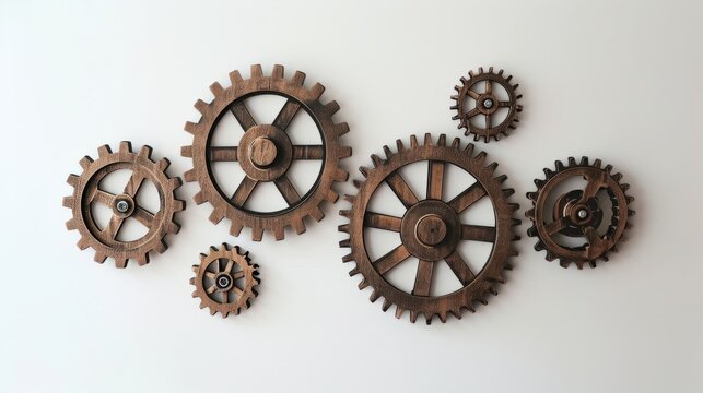 A diverse composition of metallic cogwheels on a white wall, showcasing mechanical beauty.