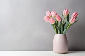 Pink tulip bouquet in glass vase on a minimalist table. Elegant home decoration. AI Generative.