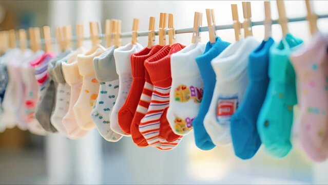 Closeup of tiny baby socks being added to a virtual shopping cart.