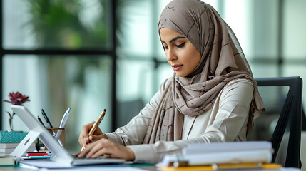 Empowered Productivity Muslim Businesswoman Working at Desk, Utilizing a Calculator for Precise Calculations