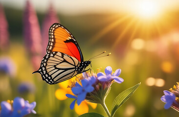 Beautiful Spring image with flowers and butterflies in the setting sun.
