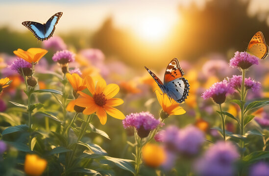 Beautiful Spring image with flowers and butterflies in the setting sun.