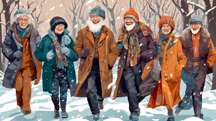 6 ältere Menschen, modern gekleidet laufen durch die winterliche Natur und haben Spaß. - obrazy, fototapety, plakaty