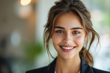 Fototapeta premium Experience the charm of an AI-crafted portrait featuring a smiling girl exuding confidence in her official suit. The image captures professionalism, warmth, and a genuine, positive spirit.