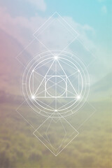 Philosopher stone. Sacred geometry spiritual new age futuristic illustration with interlocking circles, triangles and particles