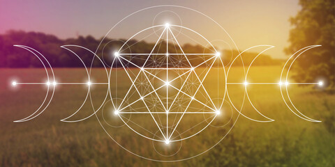 Merkabah. Sacred geometry spiritual new age futuristic illustration with interlocking circles, triangles and particles. - obrazy, fototapety, plakaty