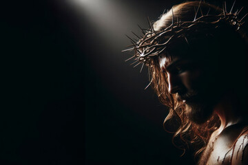 Jesus Christ wearing crown of thorns Passion and Resurrection solid black background. ai generative - obrazy, fototapety, plakaty