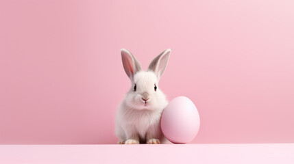 Easter white bunny with egg on pink. AI generated.