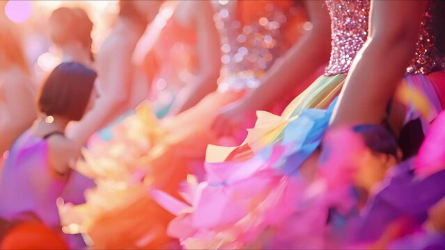 Closeup of colorful costumes swaying in a group dance routine