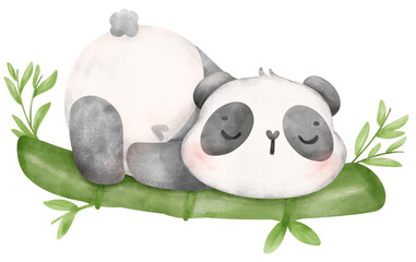 Baby Panda sleeping on bamboo watercolor, baby shower nursery animal illustration