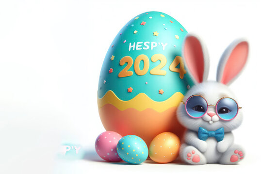 Photo of a cute bunny with sunglasses and bow tie near big colorful egg with 2024. ai generative