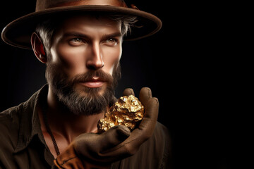 portrait of a gold miner holding a nugget in his hand on a black background. ai generative - obrazy, fototapety, plakaty