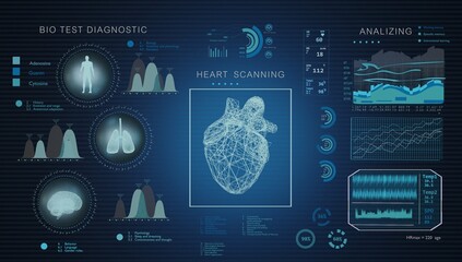 Healthcare HUD interface full scan and examination of the human body with heart and brain cardiogram monitor.3D rendering