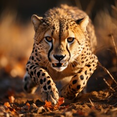Photo of a graceful cheetah sprinting across the plains. Generative AI