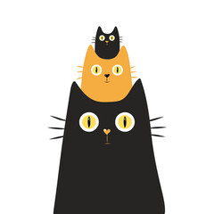 Three cute hand-drawn cats. Simple vector illustration for card design and for children. Pets concept, love and family concept