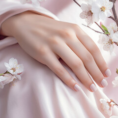 Obraz na płótnie Canvas Pale pink manicure with cherry blossoms in bloom. AI generated.