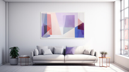 Modern minimalist living with abstract wall art. AI generated.