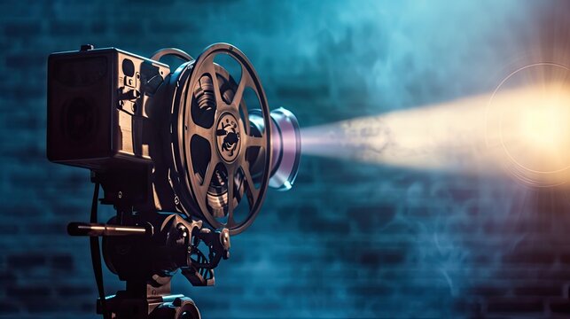 Movie projector on a dark background with light beam / high contrast image