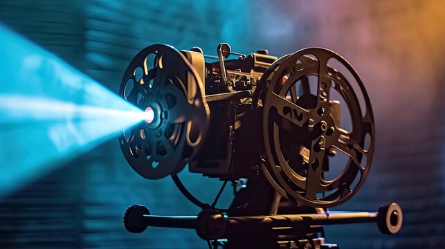 Movie projector on a dark background with light beam / high contrast image