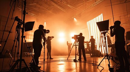 Silhouette images of video production behind the scenes. making of TV commercial movie that film crew team lightman and cameraman working together with film director in studio. film production concept - Powered by Adobe