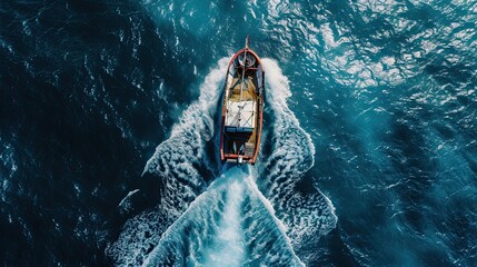 Small Fishing Boat catch fish, aerial Top View from drone. Industrial commercial fishing - obrazy, fototapety, plakaty