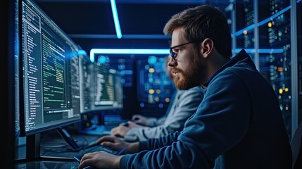 Smart Male IT Programer Working on Desktop Green Mock-up Screen Computer in Data Center System Control Room. Team of Young Professionals Programming Sophisticated Code