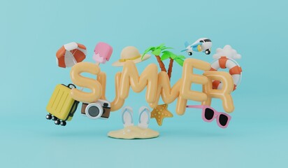 Summer time to travel concept  in 3d cartoon style with suitcase and travel accessory.3D rendering