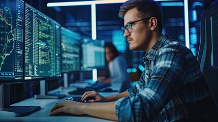 Smart Male IT Programer Working on Desktop Green Mock-up Screen Computer in Data Center System Control Room. Team of Young Professionals Programming Sophisticated Code
