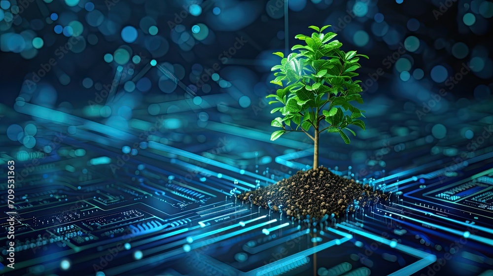 Poster tree with soil growing on the converging point of computer circuit board. blue light and wireframe n