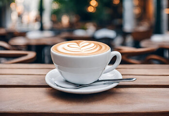 Obraz premium A cup of cappuccino on the table in an outdoor cafe. AI generated