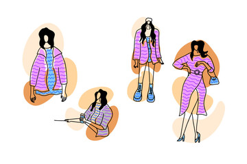 Stylish, trendy and minimalistic fashion girls collection. Vector illustration in hand drawn outline doodle simple contour style isolated on white background. For web site, cover art, wrapping, poster