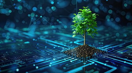 Tree with soil growing on the converging point of computer circuit board. Blue light and wireframe network background. Green Computing, Green Technology, - obrazy, fototapety, plakaty