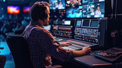 Fototapeta na wymiar TV engineer at editor in studio. TV editor working with vision mixer in a television broadcast gallery.Man sat at a vision mixing panel in a television studio gallery