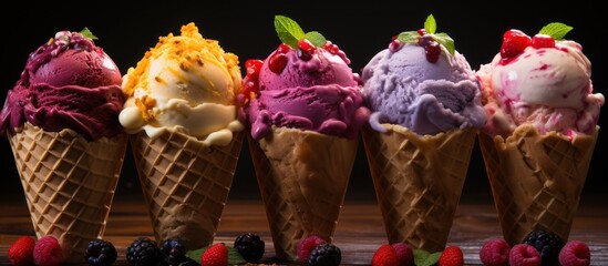 Assorted flavors of ice cream in cones on dark background