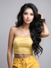 Naklejka premium Portrait of beautiful women, long black hair, tshirt model posing in white background, 