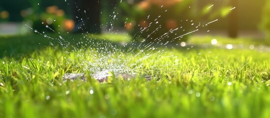 Automatic lawn sprinkler, watering green grass - obrazy, fototapety, plakaty