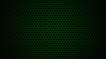 Dark green technology hexagonal vector background. Abstract green bright energy flashes under hexagon in dark technology, modern, futuristic vector illustration. Green honeycomb texture grid.