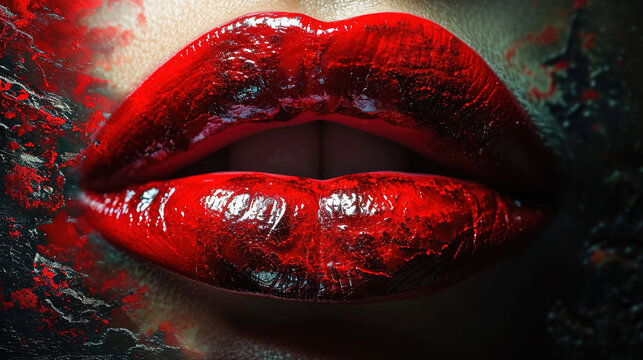 Close-Up of Dark Red Lipstick Liquid Paint on Beautiful Women Lips Dripping Red Color