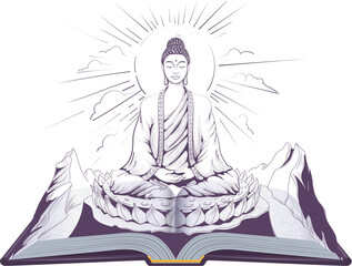 Calm god buddha seat lotus pose meditation. Open book illustration