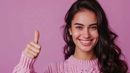 girl in a sweater Thumbs up twice with a bright expression Radiate positivity and convey a message of greatness. Suitable for a variety of visual projects.