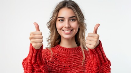 Young woman in a red sweater, giving a double thumbs-up with a vibrant expression. Radiating positivity and conveying a message of greatness. Ideal for diverse visual projects.


