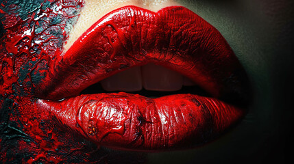 Close-Up of Dark Red Lipstick Liquid Paint on Beautiful Women Lips Dripping Red Color