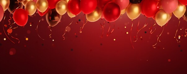 Celebration party banner background with red and gold balloons and confetti, with empty copy space Generative AI