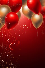 Celebration party banner background with red and gold balloons and confetti, with empty copy space Generative AI