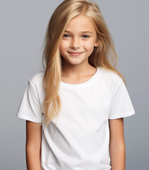 Fototapeta premium Female girl kid model long flowing blond hair wearing a plain white t-shirt with smiling on gray background. 