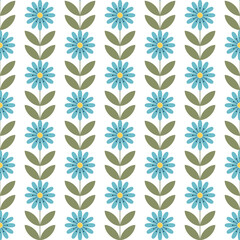 Scandinavian blue daisy floral seamless pattern in retro style, repeat flower background, png transparent.